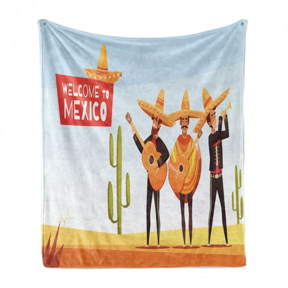 Mexican Soft Flannel Fleece Throw Blanket, Mariachi Band Guitarron Pancho Cactus Sombrero Hat, Cozy Plush for Indoor and Outdoor Use, 70" x 90", Multicolor, by Ambesonne