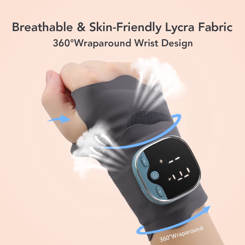 Hand Massager with Heat, Wrist Heating Pad, Cordless Wrist Heated Wrap with 3 Heating, 5 Massage Modes, 9 EMS Intensity Levels, Adjustable Length for Daily & Sports, Universal Left & Right