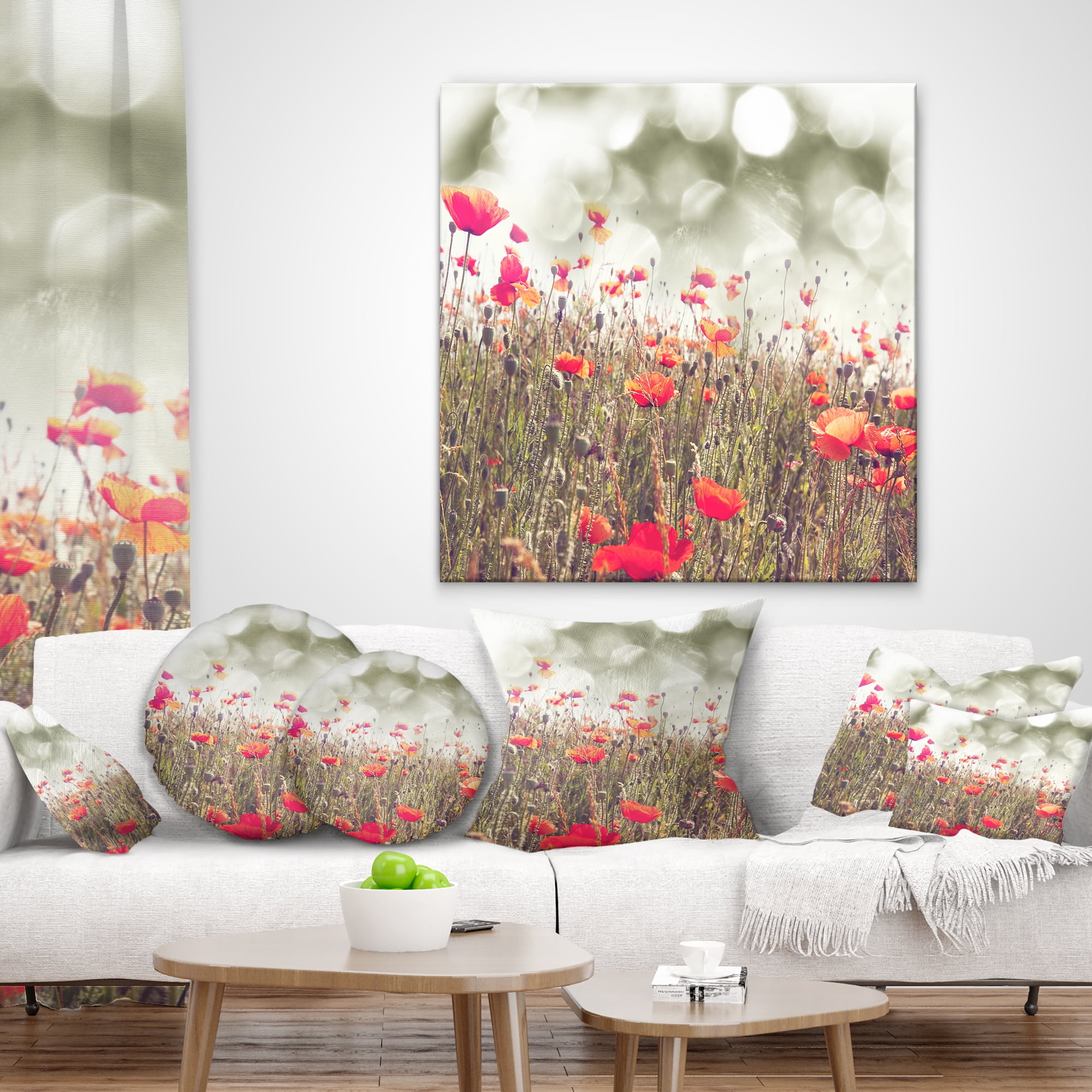 Designart Red Poppy Flowers Meadow - Floral Throw Pillow - 16x16