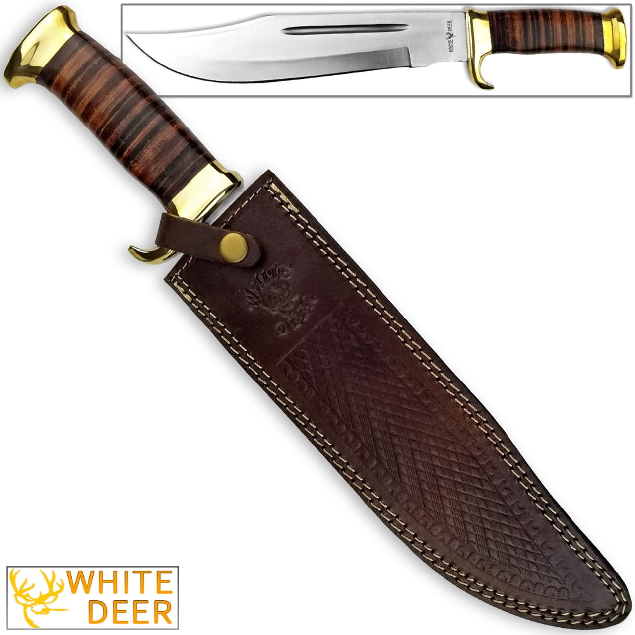 WHITE DEER MAGNUM Outback American Bowie High Carbon Stainless Steel Tactical Knives, with Leather Handle