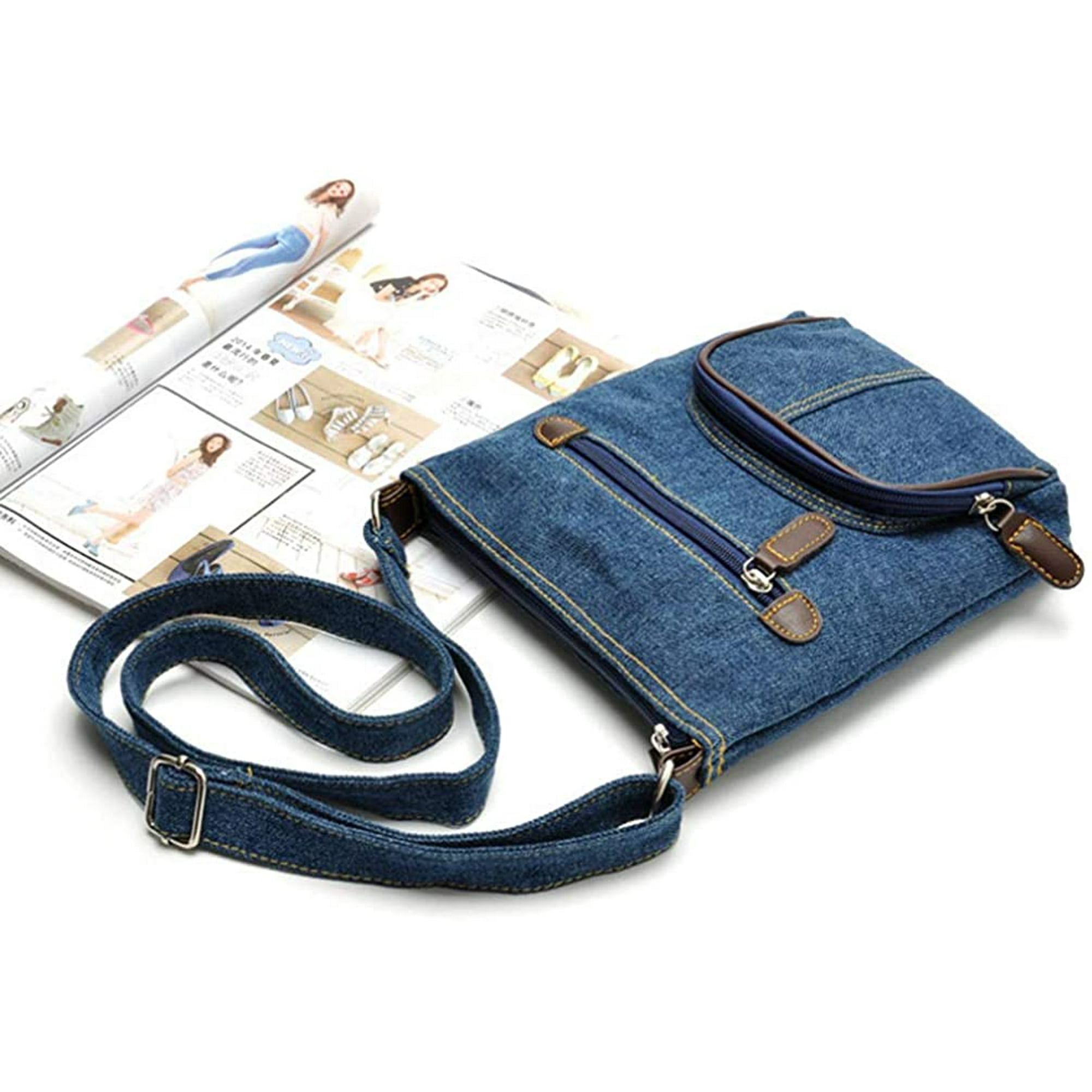 Floblming Denim Crossbody Bag Purse Adjustable Strap Shoulder Bag Casual Front Pocket Handbag For Women Blue