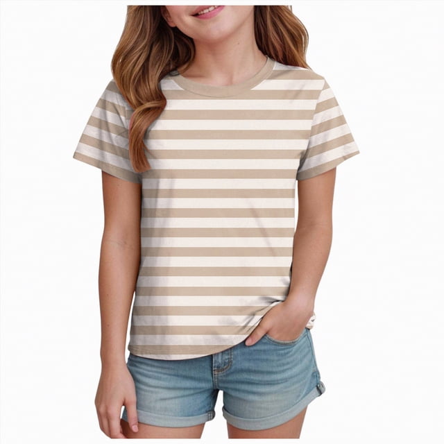 NIEWTR Hauts à Manches Courtes à Rayures Classiques pour Filles T-Shirts d'Été pour Enfants Col Rond Tendance T-Shirts pour Enfants 5-14 Ans (Gris, 1-2 Ans)
