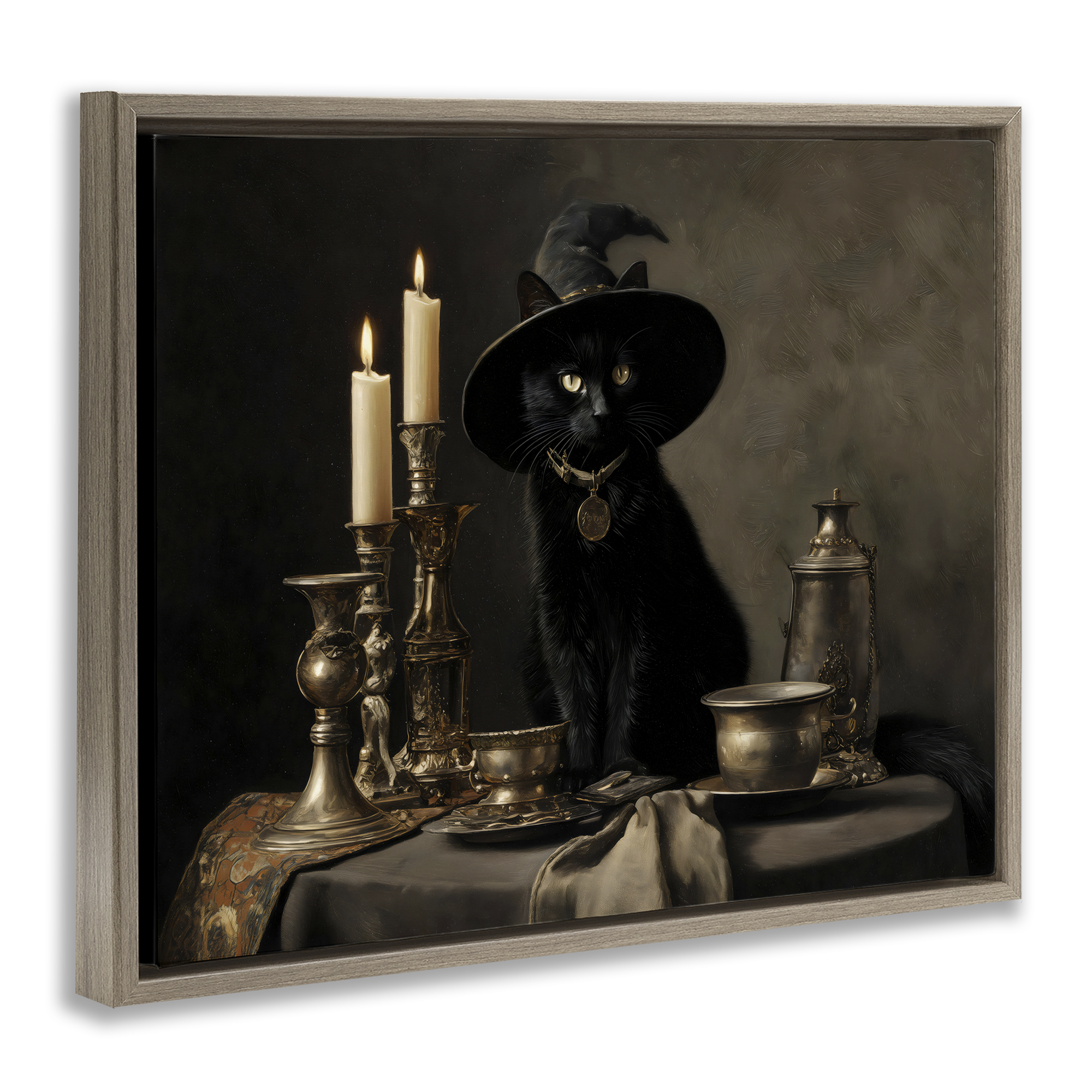 Vintage Witchy Black Cat Brown Framed Floater Canvas Wall Art, design by Arlington Prints