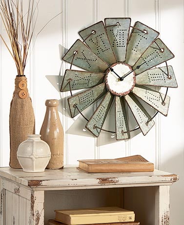 24inch Windmill Distressed Metal Wall Clocks Rustic Large Decorative Clock Oversized Farmhouse Decor,Non Ticking,Battery Operated