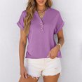 thumbnail image 2 of Kaemgyyd Oversized Tshirts for Women Breathable Loose Button V Neck Tops Lightweight Roll Short Sleeve Basic Tee, 2 of 7