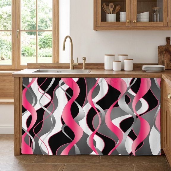 Cabinet Curtain 28''W x 51''L,Pink Stripe Under Sink Curtain Drapes,Gradient Grey Moire Geometric Modern Abstract Cabinet Skirt for Kitchen/Bathroom Vanity/Laundry Room/Open Shelf/Pantry