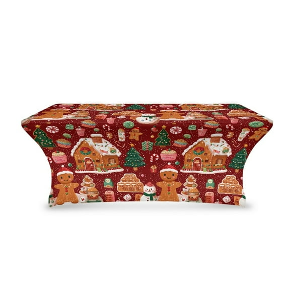 TSOVTHRID Gingerbread Man House Print Tablecloth 6FT Tight Fitted Wrinkle Resistant Table Cloth Stretch Rectangular Patio Table Cover for Event, Banquet，Parties Christmas Decor