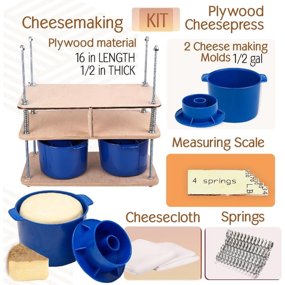Wooden Cheese Press For Cheese Making Supplies 16 In Plywood 1/2 in Thick - Cheese Making Kit With Wooden Cheese Press and 2 Cheese Molds 1/2 Gal, Cheesecloth, Springs and Measuring Scale Included