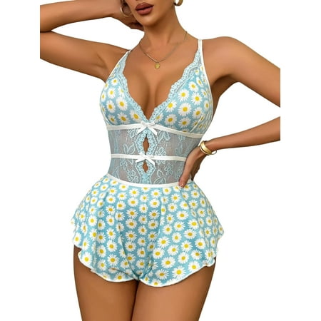 MAOYA Sexy Bows Floral Lace Mesh Babydoll Lingerie Romper