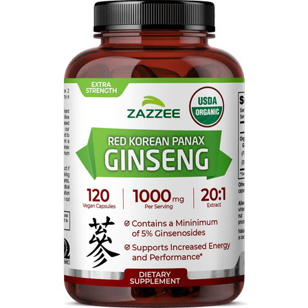 Zazzee USDA Organic Red Korean Panax Ginseng 1000 mg – 120 Vegan Capsules – 20:1 Extract – Supports Balanced Energy & Cognitive Vitality – Vegan • Non-GMO • Made in USA