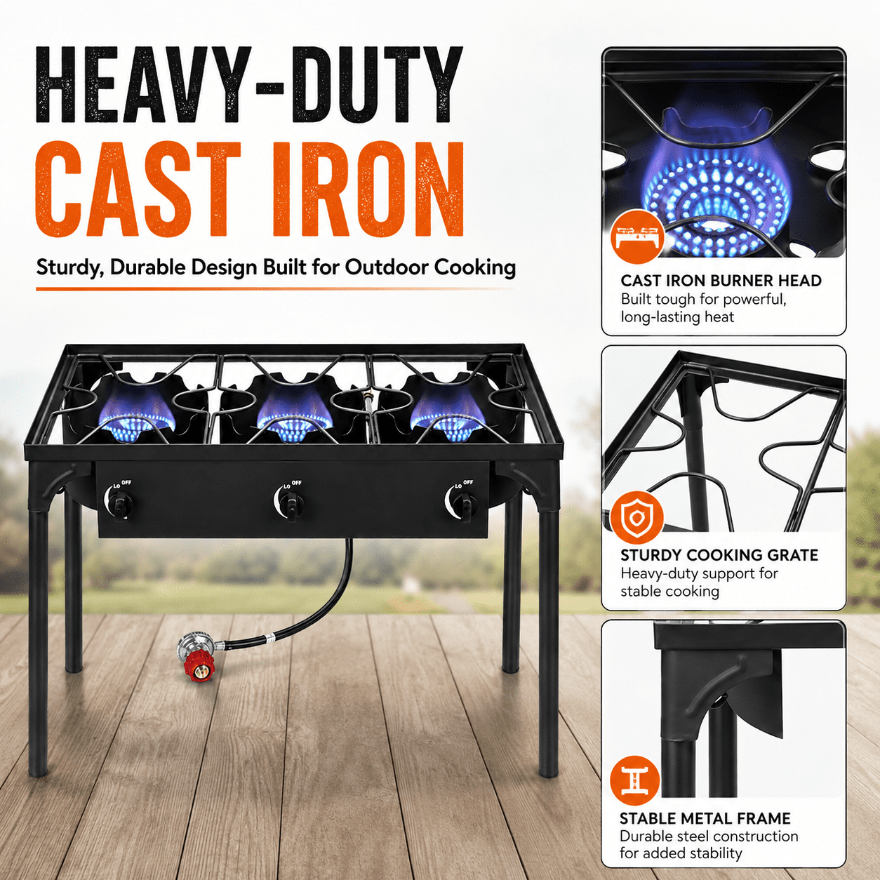 Alvantor 3 Burner Outdoor Gas Stove With Removable Legs, Adjustable 0-20 Psi Regulator, 225000 Btu