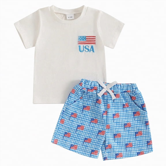 NIEWTR Toddler Baby Boy 4th Of July Outfit Waffle USA American Flag T Shirt Top Shorts Set Summer Memorial Day Clothes(A02-Blue,2-3 Years)