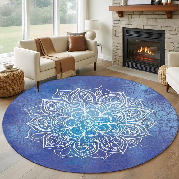 Boho Flowers Round Area Rug 6Ft Washable Circle Rugs for Bathroom Office, Blue Floral Bohemian Vintage Country Non-Slip Carpet Floor Mats Indoor Outdoor Carpet Runner Aesthetic Home Decor