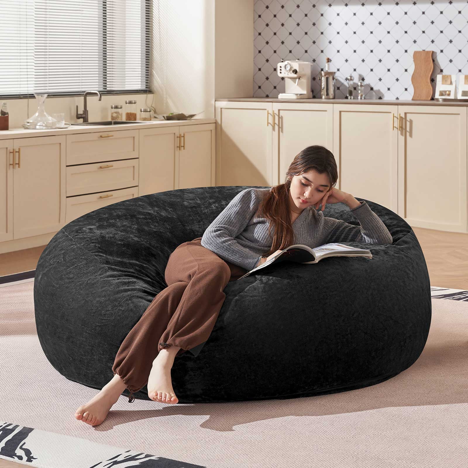 Bean Bag Chair 6FT,  Large Memory Foam Filled Chair for Adults and Teens, Soft Sofa with Removable Flannel Cover, Round Couch for Living Room Bedroom College Dorm