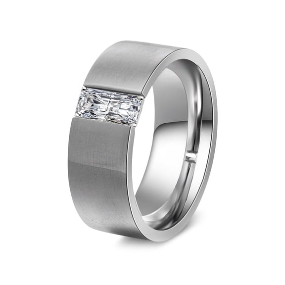 Wedding Band Ring for Men or Women 8mm Stainless Steel 1 Ct Emerald Cut Cz Ginger Lyne Collection