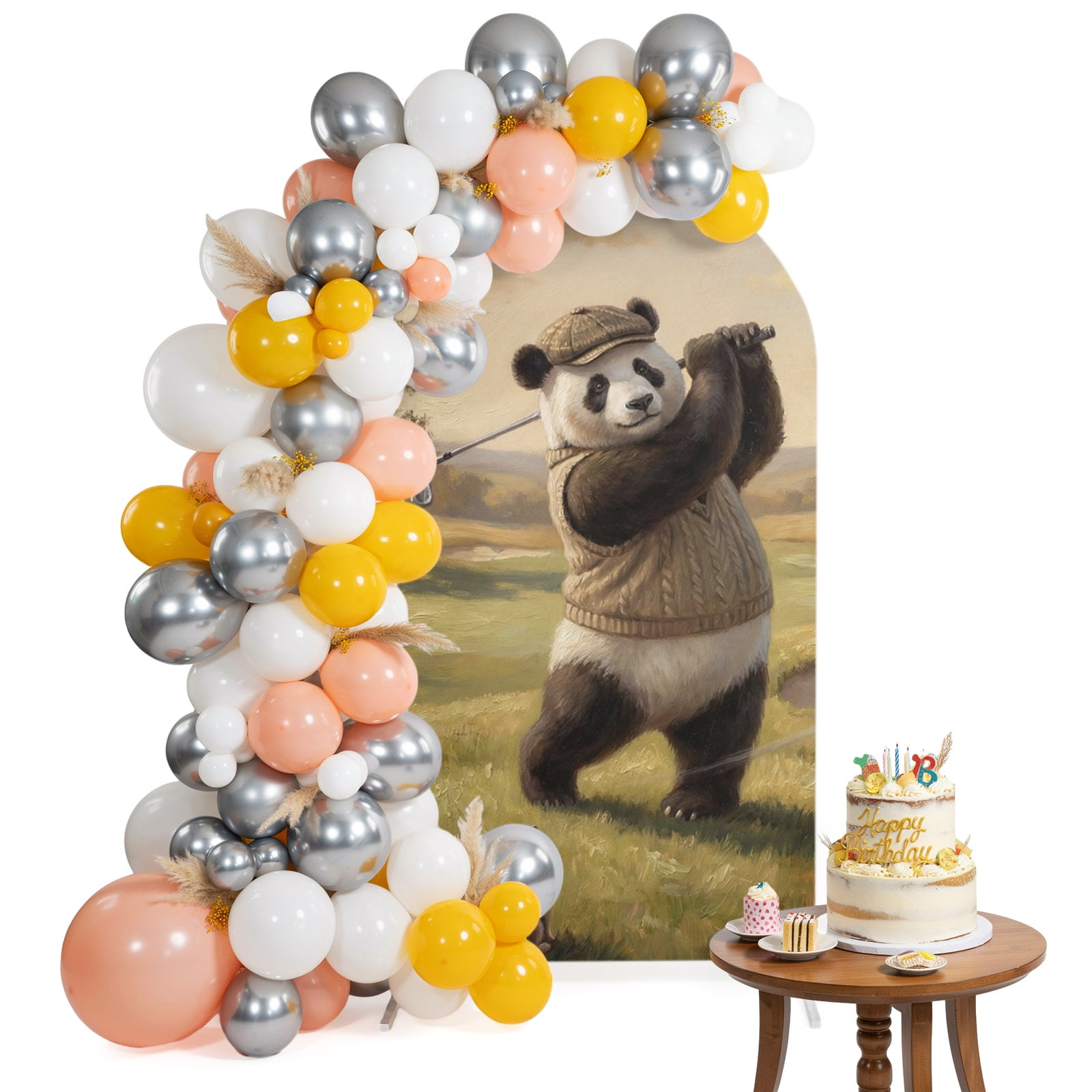 Cute Panda Arch Backdrop Cover 4 Ft Watercolor Pastoral Scenery Funny Hedgehog Rabbit Golf Spandex Fitted Stretchy Arch Cover, Round Top Chiara Backdrop Cover for Wedding Birthday Baby Shower