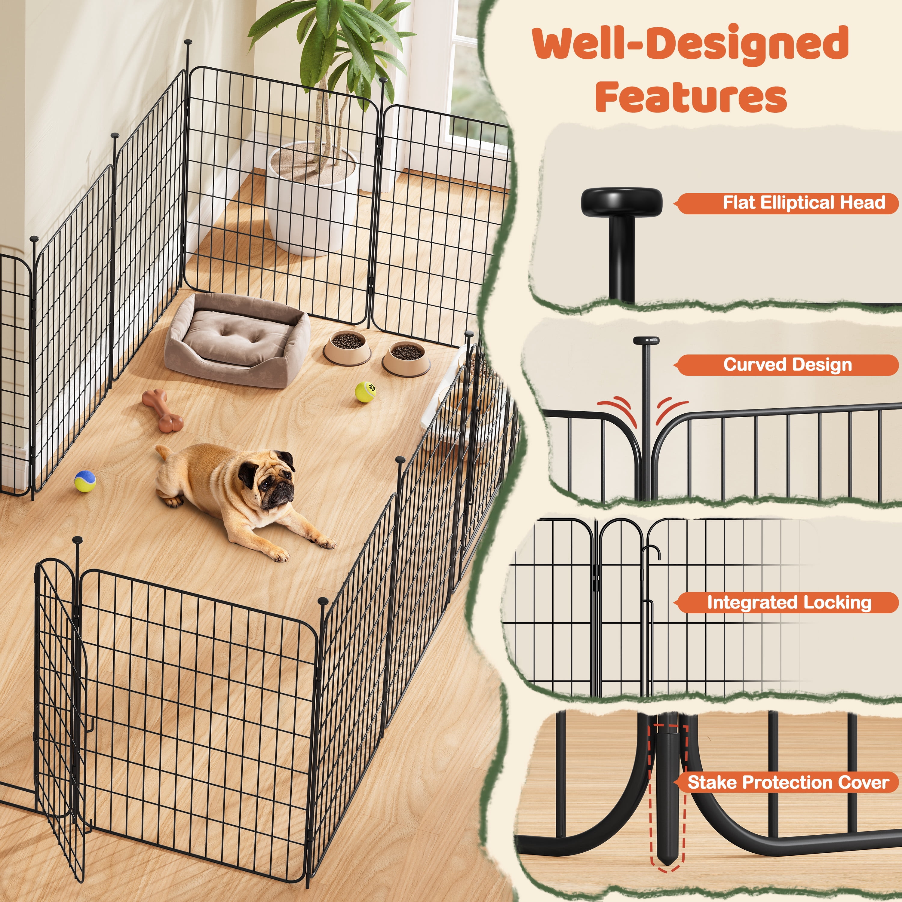 Renwick 31.5" Tall Foldable Dog Playpen Panels with Door, 8 Panels, Black