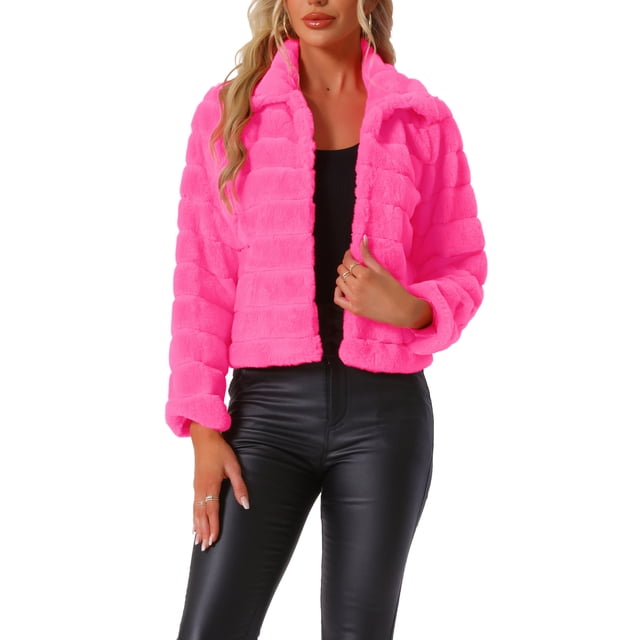 Chaqueta corta de pelaje sintético con cuello de solapa para mujer Inspire Chic, color rosa caliente, talla XS