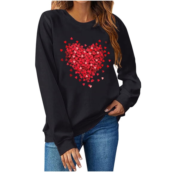 asdoklhq Womens Casual Love Heart Shirts Women's Fashion Long Sleeve Printed Sweatershirt Loosen Blouse Black 3X