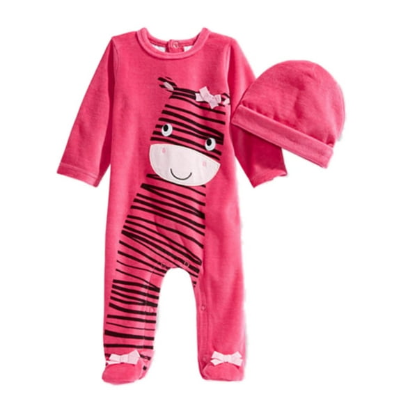 First Impressions Infant Girls 2 PC Plush Zebra Jumpsuit Sleeper Hat Outfit 0-3m