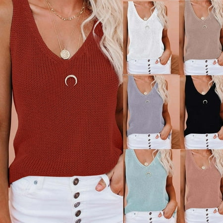 sovlvnd Deals Women Plus Size Tank Tops Casual Fashion Women Knitted V-Neck Ladies Solid SlimTank Top Tank Top Bodysuit for Women