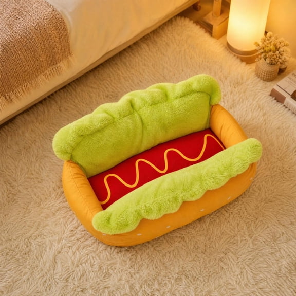 Hot Dog Dog Bed, Cute Dachshund Bed Funny Fuzzy Novelty Pet Bed for Small Dogs Cats with Non-Slip Bottom Washable Cover