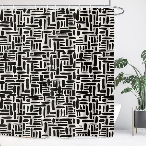 Black Off White Abstract Minimalist Bathroom Shower Curtain 84W by 84H Inch Geometric Modern Abstract Neutral Contemporary Brushstroke Polyester Fabric 12 Plastic Hooks Waterproof Decor