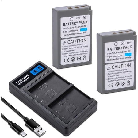 2 Pack BLS-5 Battery with Smart Dual Charger for Olympus BLS-50,PS-BLS1, PS-BLS5, OM-D E-M10, E-PM2, Pen E-P1, E-P2, E-P3, E-PL2, E-PL3, E-420, E-450, E-600, E-620, Mark II, III, IIIs, IV, Stylus 1