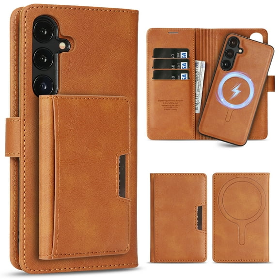Allytechgroup 3 in 1 Wallet Case for Samsung Galaxy S26, Detachable Back Cover & Cards Holder Compatible with Mag-safe Shockproof RFID Blocking Stand Phone Case for Samsung Galaxy S26,Brown