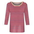 thumbnail image 4 of Lovskoo 2024 Summer 3/4 Length Sleeve Womens Tops Trendy Striped Printed Blouses T-Shirt Round-Neck Top Red M, 4 of 6