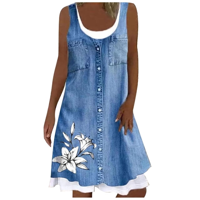 FcBaudy Robe Sans Manches Col Rond, Robes d'Été pour Femmes, Robes Femmes Imprimées Sans Manches Robe d'Été Col Rond Ample Robe Chandail Femmes