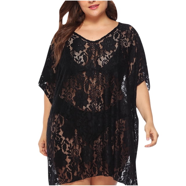 Robes pour Femmes Robe de Plage à Manches Courtes Unie avec Patchwork Ajouré Chemise Surdimensionnée Robe à Manches Courtes pour Femmes