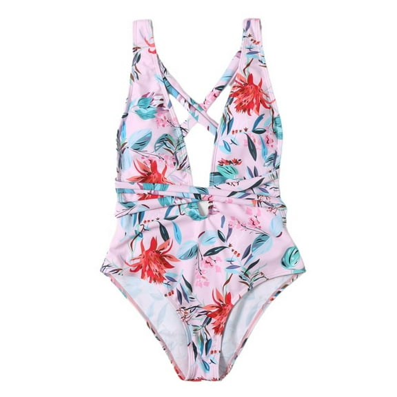 SWSMCLT Women's Deep Plunge Swimsuit Floral Beach Brazilian Sexy Strappy Tummy Control Backless Swimwear Cheeky One Piece Bathing Suit Cutout Padded Monokini Pink 4-6