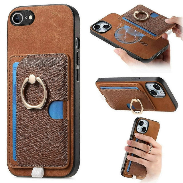 For iPhone 16e Case Ring Kickstand Leather + TPU + PC Phone Cover Detachable Card Holder - Green