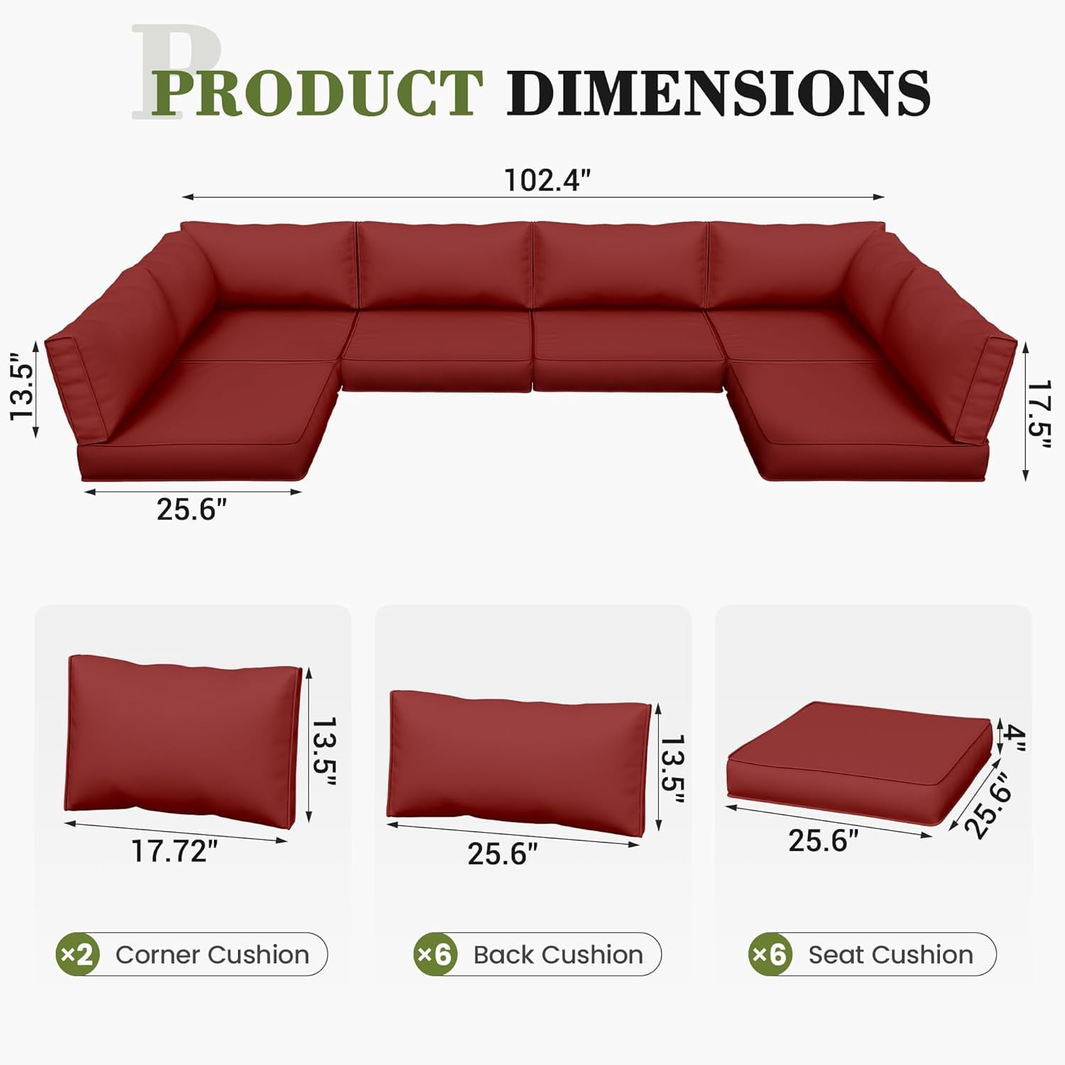 Poteban Outdoor Cushions for Patio Furniture Replacement, Waterproof Patio Furniture Cushions, Deep Seat Patio Cushions, Patio Seat Cushions for Outdoor Sectional (Wine Red)