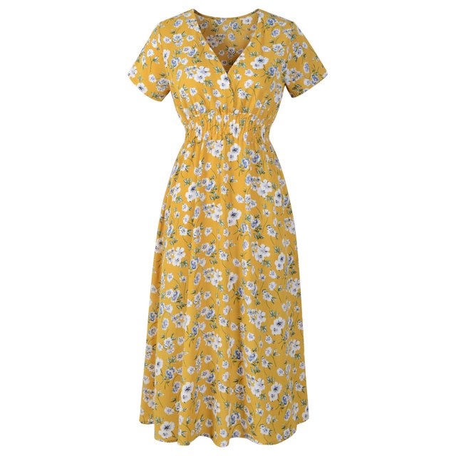 Nouvelle Robe pour Femmes Col en V Manches Courtes Robes Aguichant Imprimé Floral Robe de Plage Robe Ligne A Slim