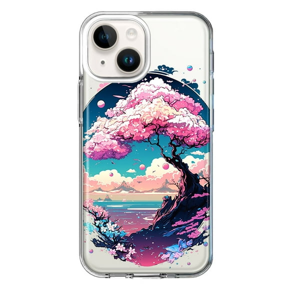 MUNDAZE Case for Apple iPhone 15 Plus Hybrid Shockproof Slim Hard Soft TPU Shell Heavy Duty Protective Phone Cover - Kawaii Manga Pink Cherry Blossom Japanese Sky Floral Ocean