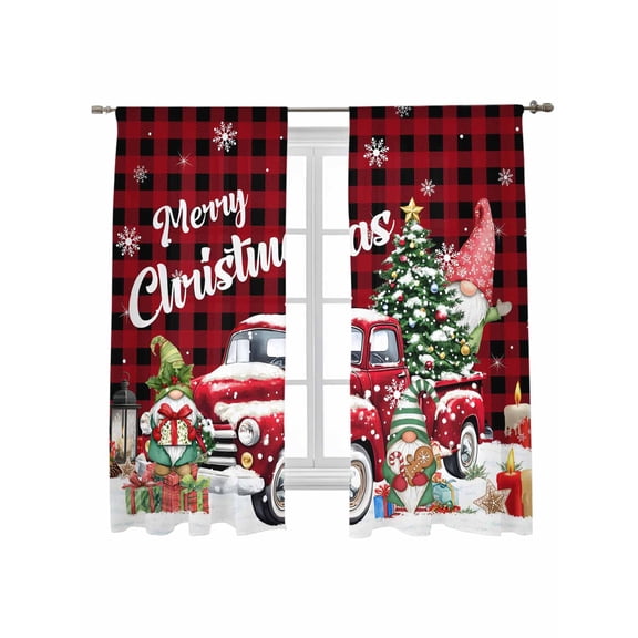 Christmas Truck Dwarfs Sheer Curtains 72 Inch Long 2 Panels, Winter Snowflakes Red Plaid Light Filtering Rod Pocket Semi Sheer Curtains, Sheer Voile Drapes for Living Room Bedroom, 52"x72"