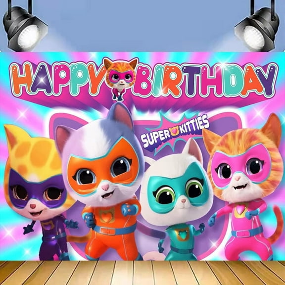 Cartoon Super Kitties Birthday Backdrop Photography Kids Party Supplies Happy Birthday Party Decorations 37''×30''