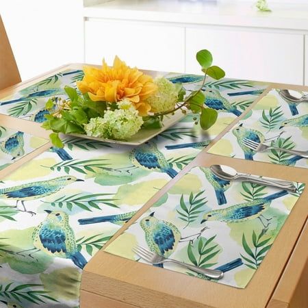 

Birds Table Runner & Placemats Romantic Perched Spotted Sparrows Wet in Wet Watercolor Technique Set for Dining Table Decor Placemat 4 pcs + Runner 16 x72 Pale Green Green by Ambesonne