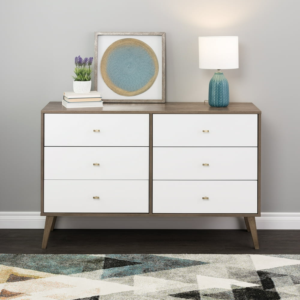 Prepac Milo Mid Century Modern 6-Drawer Dresser, Drifted Gray and White