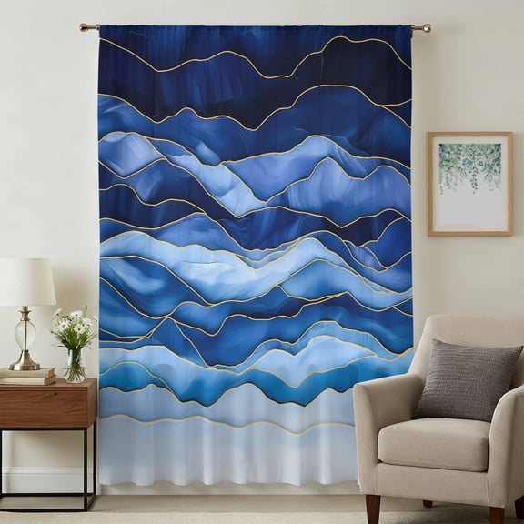 Navy Blue Ombre Sheer Curtains 84 Inches Long, Modern Moire Abstract Art Luxury Light Filering Curtains, Breathable Simi Curtain Privacy Drapes for Living Room Bedroom Lightweight Window Treatment