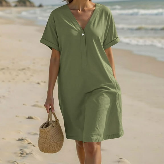 Women Dresses under $10! Cagogo Women's Cotton Linen Midi Dresses Summer Short Sleeve Comfy Sundresses Beach Wear Trendy Vacation Clothes 2025