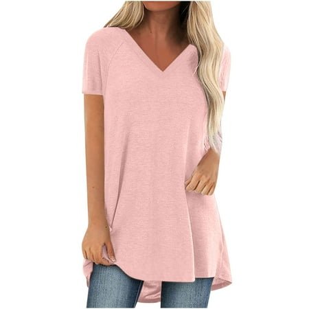 JUUYY Plus Size V Neck Tunic Tops for Women Trendy Loose Fit Casual Solid Color Short Sleeve Long T-Shirts Lightweight Workout Pullover Blouse Pink XXXXL