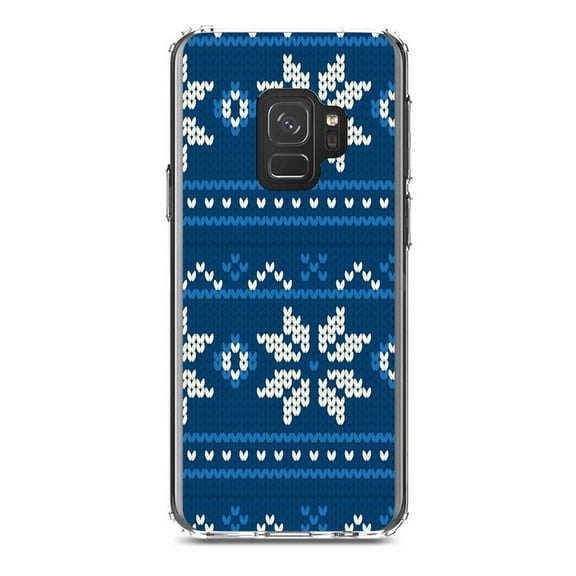 DistinctInk Clear Shockproof Hybrid Case for Samsung Galaxy S9 (5.8" Screen) - TPU Bumper, Acrylic Back, Tempered Glass Screen Protector - Blue White Ugly Hannukah Sweater