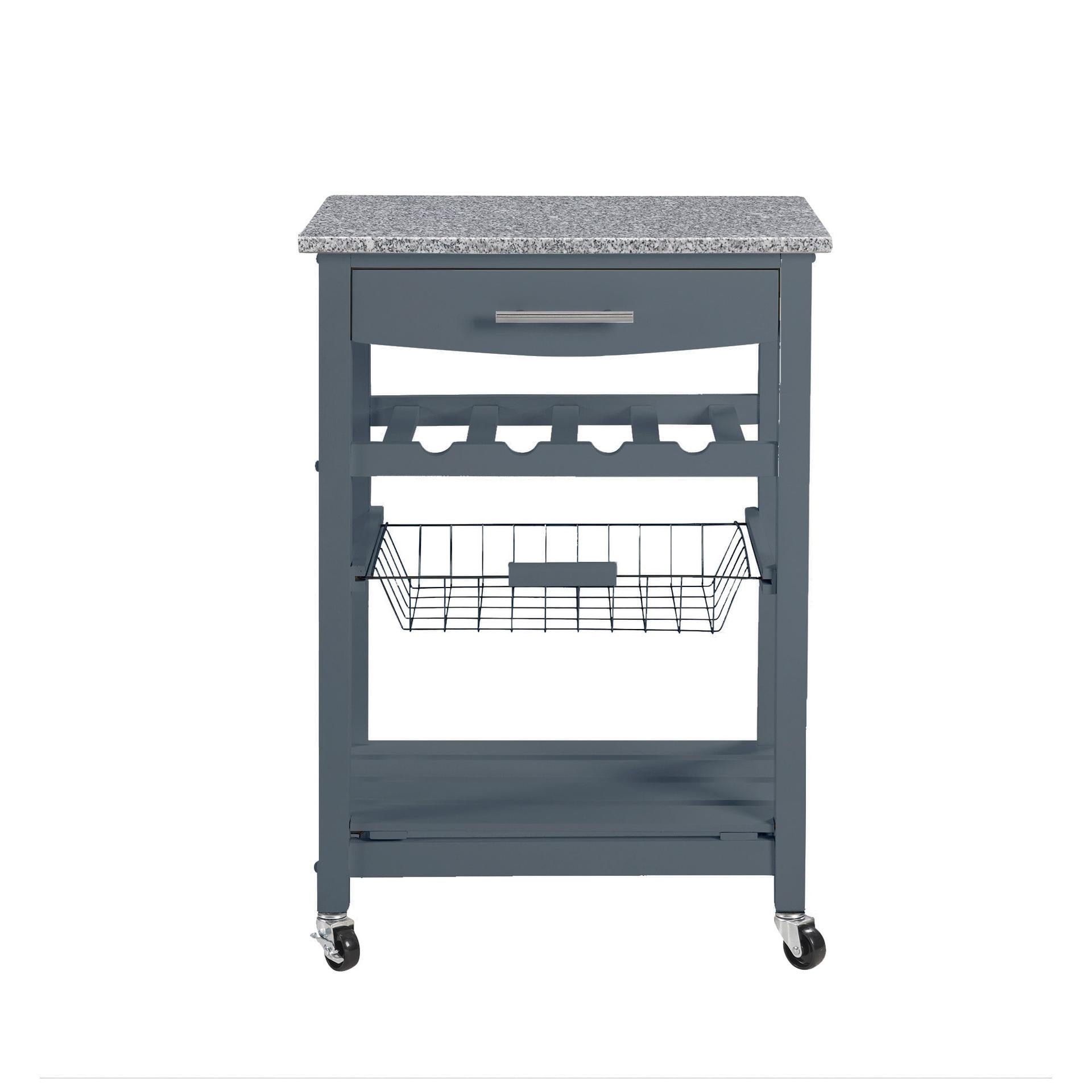 Mobile Rolling Kitchen Island Trolley Serving Cart with Underneath Drawer & Slide-Out Wire Storage Basket