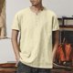 thumbnail image 1 of Blusas y camisas de manga corta y cuello redondo para hombre, estilo casual y moderno, de color liso, con botones, abertura en el dobladillo y manga corta., 1 of 9