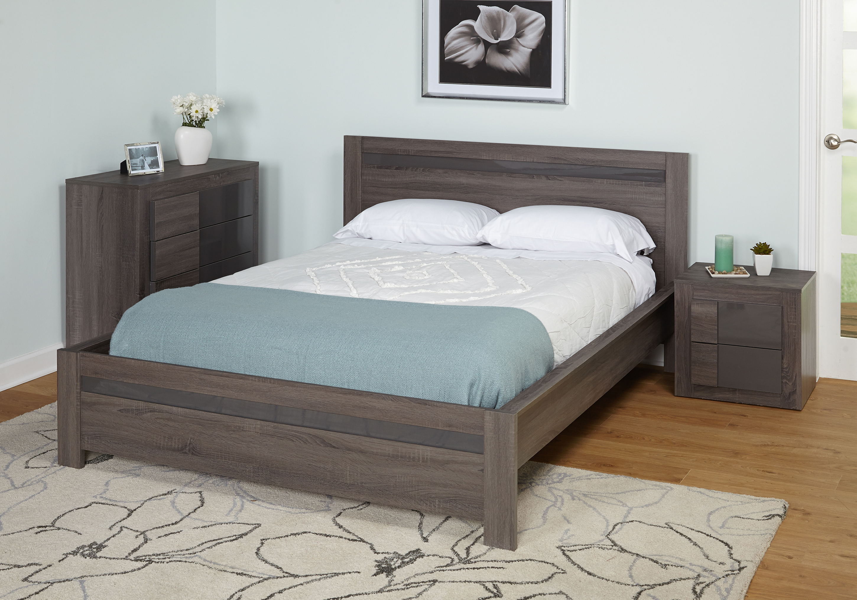 TMS Maya Boho 4-Drawer Dresser with High Gloss Gray Accents, Dark Sonoma Oak