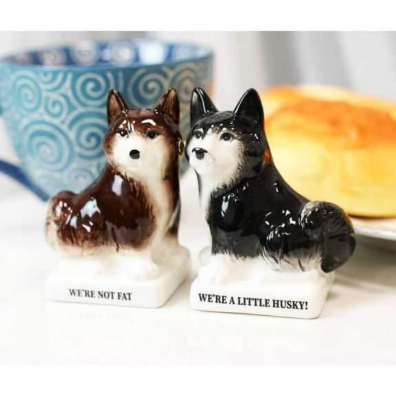 Ceramic 'Not Fat' Black Brown Huskies Dogs Salt And Pepper Shakers Figurine Set