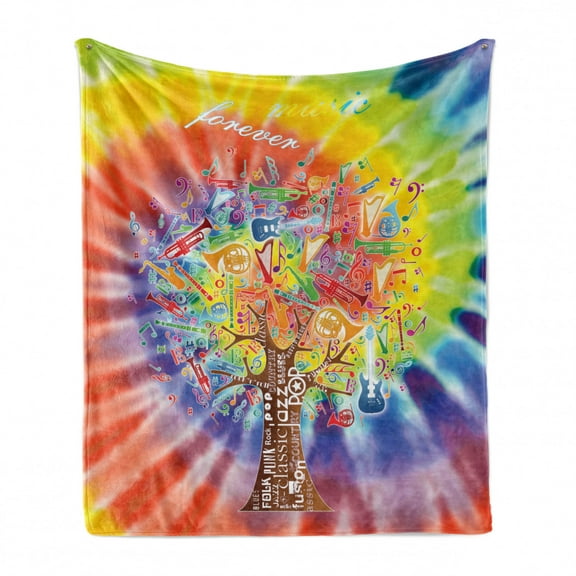 Tree Soft Flannel Fleece Blanket, Tree with Various Instruments Musical Notes Music Genres Typography Colorful Backdrop, Cozy Plush for Indoor and Outdoor Use, 50" x 70", Multicolor, by Ambesonne